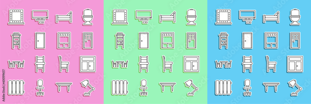 Set line Table lamp, Window in the room, Closed door, Bed, Bathroom rack with shelves for towels, Makeup mirror lights and Wardrobe icon. Vector Set line Table lamp, Window in the room, Closed door, Bed, Bathroom rack with shelves for towels, Makeup mirror lights and Wardrobe icon. Vector