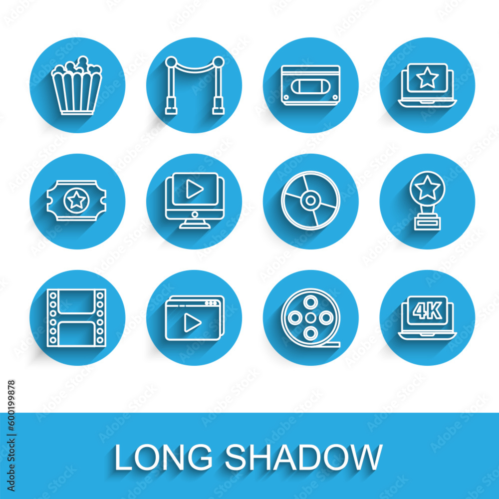 Set line Play Video, Online play video, Popcorn box, Film reel, Laptop with 4k, Movie trophy and CD DVD disk icon. Vector Set line Play Video, Online play video, Popcorn box, Film reel, Laptop with 4k, Movie trophy and CD DVD disk icon. Vector