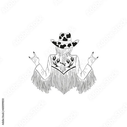 Beautiful cowgirl from back in retro jacket and cowboy hat. Black and white vector illustration isolated on white.