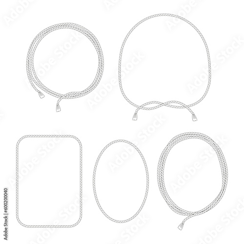  Wild west rodeo rope lasso frames vector linear illustration set isolated on white. Howdy rodeo knot western print collection for western design.