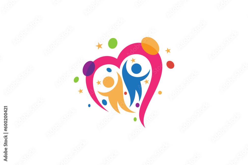 Child education colorful logo template, child playing happy with love shape