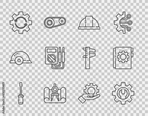 Set line Screwdriver, Wrench spanner and gear, Worker safety helmet, Graphing paper compass, Gear arrows workflow, Multimeter, Settings the hand and User manual icon. Vector