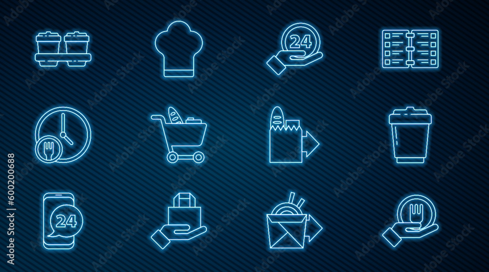 Set line Online ordering and delivery, Coffee cup to go, Clock 24 hours, Shopping cart food, Round the clock, and Chef hat icon. Vector Set line Online ordering and delivery, Coffee cup to go, Clock 24 hours, Shopping cart food, Round the clock, and Chef hat icon. Vector