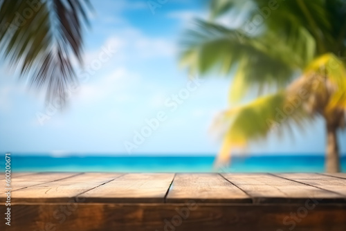 Empty rustic wood table in a tropical sunny island with palms and blurred background, ai generative illustration
