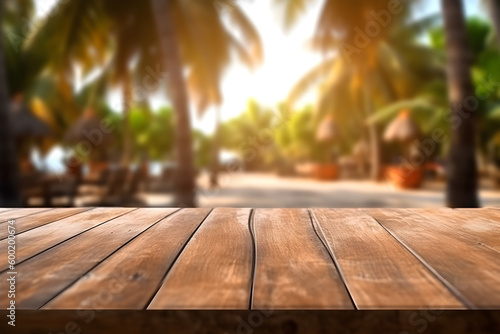 Empty rustic wood table in a tropical sunny resort with palms and blurred background, ai generative illustration