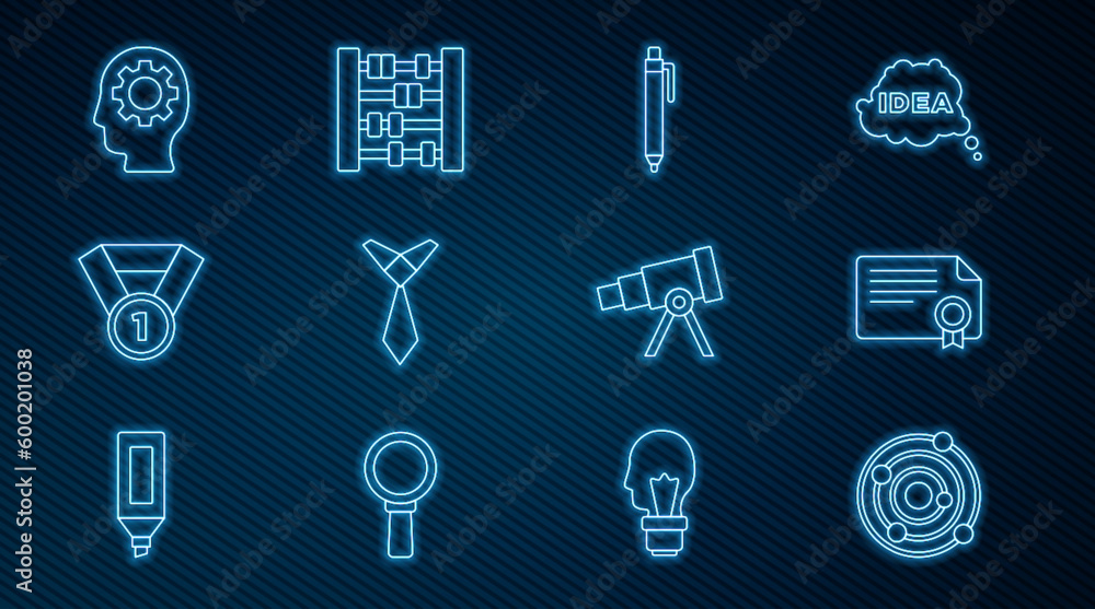 Set line Solar system, Certificate template, Pen, Tie, Medal, Head with gear inside, Telescope and Abacus icon. Vector Set line Solar system, Certificate template, Pen, Tie, Medal, Head with gear inside, Telescope and Abacus icon. Vector