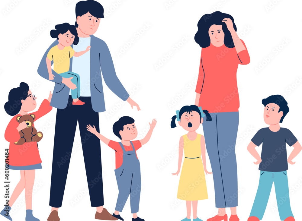 Large family, tired parents and children. Cartoon father and mother, happy and sad kids. Upbringing process, parenthood recent vector scene Large family, tired parents and children. Cartoon father and mother, happy and sad kids. Upbringing process, parenthood recent vector scene