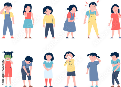 Flat isolated sick kids with flu symptoms. Kid headache and nausea, child inflammation and fever. Illness cartoon children recent vector characters