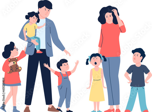 Large family, tired parents and children. Cartoon father and mother, happy and sad kids. Upbringing process, parenthood recent vector scene