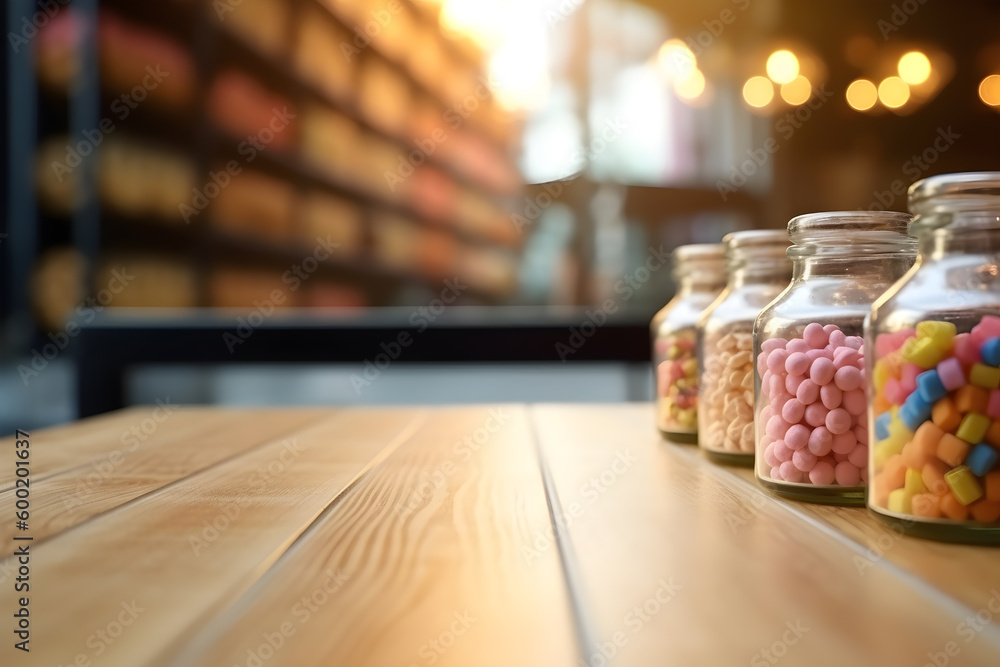 Empty wood table in a candy shop, blurred background, ai generative illustration