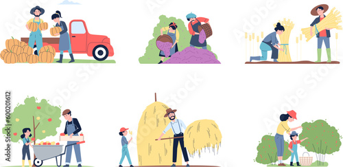 Fruit and berry picking, autumn gathering. Family planting, fall harvesting in garden. Agriculture farmers, people in garden recent vector scenes