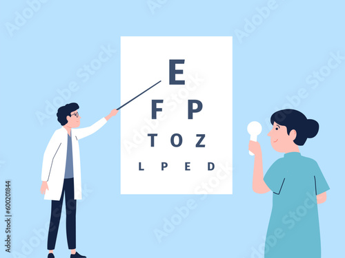 Eye check up on oculist. Ophthalmologist eyesight examining, test health in clinic. Correction vision, ophthalmology medical recent vector scene