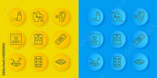 Set line Insomnia, Clinical record, Eye test chart, Reddish eye, Medical protective mask, Inhaler, Deaf and Constipation icon. Vector
