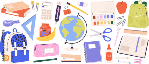 School accessories and tools. Stationery, watercolors and books. Isolated globe, pencil and children backpack. Trendy education racy vector set