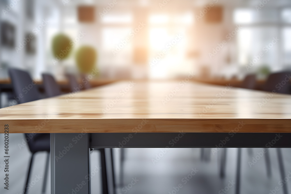 Empty wood table in a sunny loft with blurred background, ai generative illustration Empty wood table in a sunny loft with blurred background, ai generative illustration