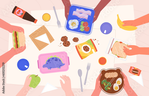 Children eating lunch together. Breakfast in school or kindergarten top view. Cute lunch boxes, food and drinks. Kid eating sandwich racy vector scene