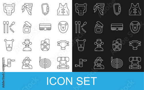 Set line Hiking backpack, African buffalo head, Wild lion, Carabiner, Lighter, Matches, Monkey and Hunting cartridge belt icon. Vector