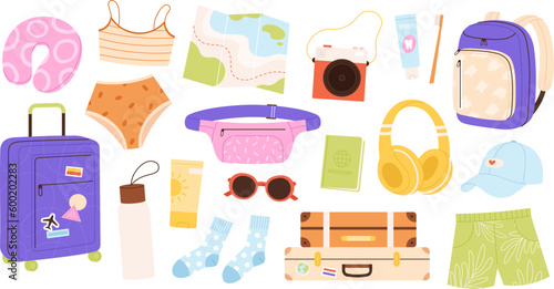 Tourist luggage items, trip accessories. Backpack and suitcase, travel beach cloth and map. Traveller adventure elements, cartoon vacation racy vector clipart