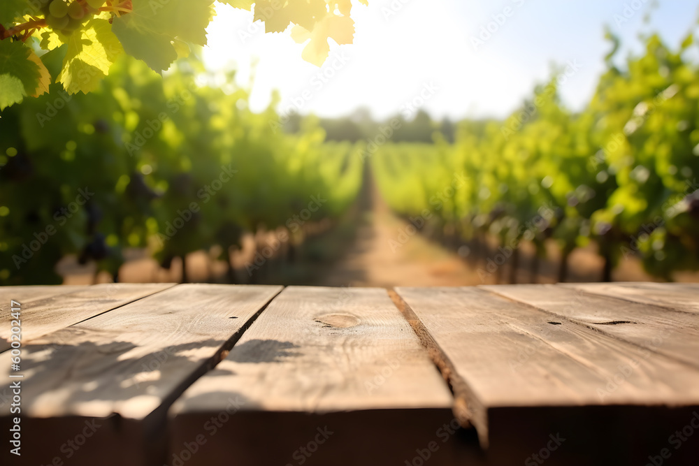 Empty wood table in a sunny vineyard, blurred background, ai generative illustration Empty wood table in a sunny vineyard, blurred background, ai generative illustration