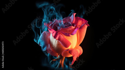 Burning Flower, Flower on fire. pink rose in flame over black background. Generative Ai
