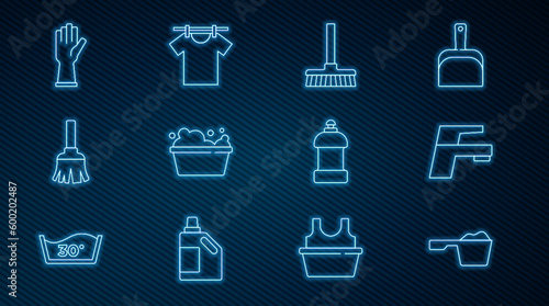 Set line Washing powder, Water tap, Handle broom, Basin with soap suds, Feather, Rubber gloves, Bottle for cleaning agent and Drying clothes icon. Vector