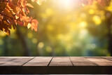 Empty wood table in autumn, blurred background, ai generative illustration