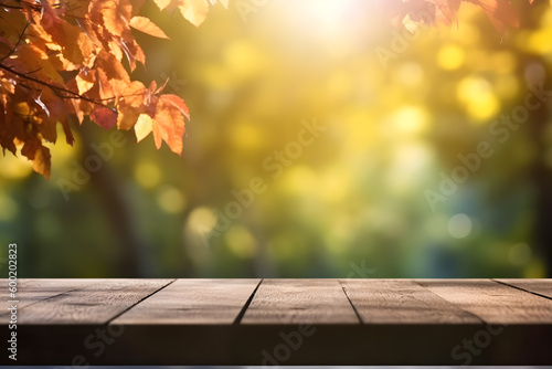 Empty wood table in autumn  blurred background  ai generative illustration