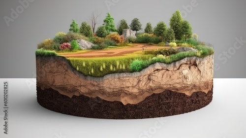Earth land Soil layers 3D Illustration round soil ground cross section float landscape fantasy floating island.