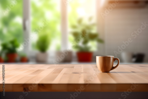 Empty wood table in front of a kitchen with blurred background, ai generative illustration