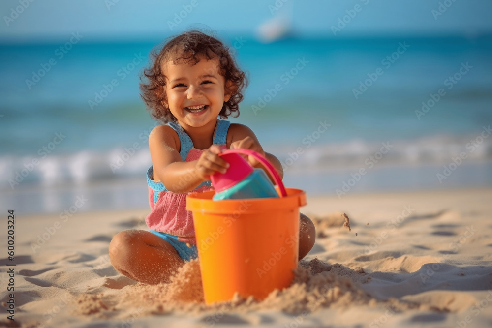 Mixed race girl child playing with beach bucket on the beach summer time Mixed race girl child playing with beach bucket on the beach summer time
