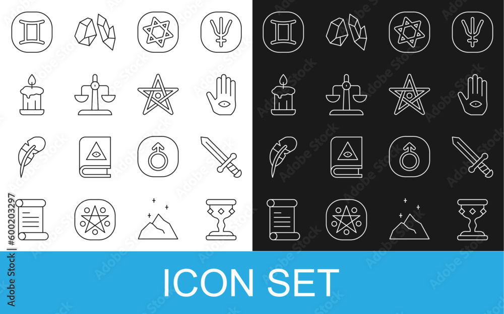 Set line Medieval goblet, sword, Hamsa hand, Tarot cards, Libra zodiac, Burning candle, Gemini and Pentagram icon. Vector Set line Medieval goblet, sword, Hamsa hand, Tarot cards, Libra zodiac, Burning candle, Gemini and Pentagram icon. Vector