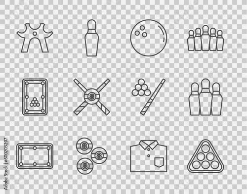 Set line Billiard table, balls in rack triangle, Bowling, rest, Crossed billiard cues and, shirt and pin icon. Vector