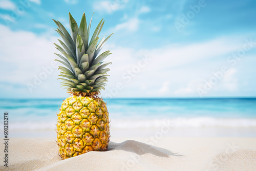 Pineapple on the beach against blue sky and sea background. Generative AI.