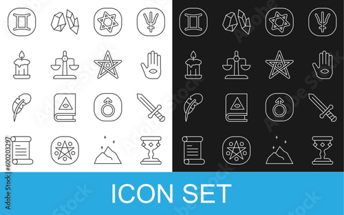 Set line Medieval goblet, sword, Hamsa hand, Tarot cards, Libra zodiac, Burning candle, Gemini and Pentagram icon. Vector