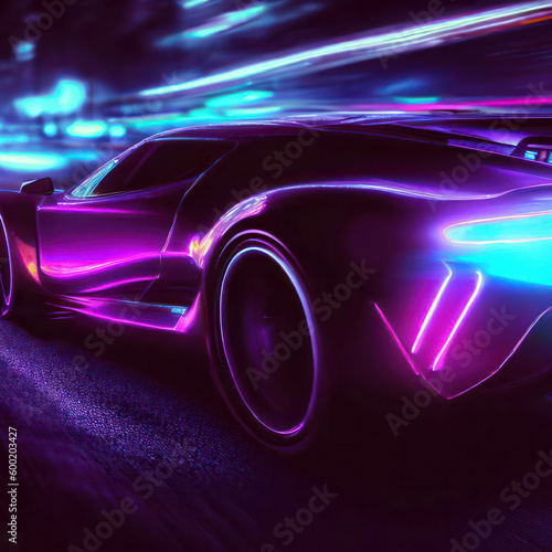 Futuristic supercar driving in the night in purple neon colors, generative AI illustratiion