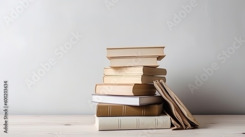 Books arrangement with copy space stack of books on table knowledge education background WORLD BOOK AND COPYRIGHT DAY
