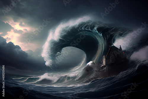 Generative AI illustration of hurricane wave crashing house © Refi Productions AI 