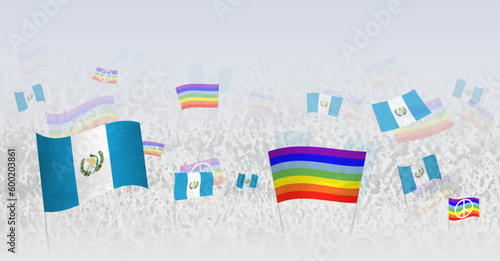 People waving Peace flags and flags of Guatemala. Illustration of throng celebrating or protesting with flag of Guatemala and the peace flag.