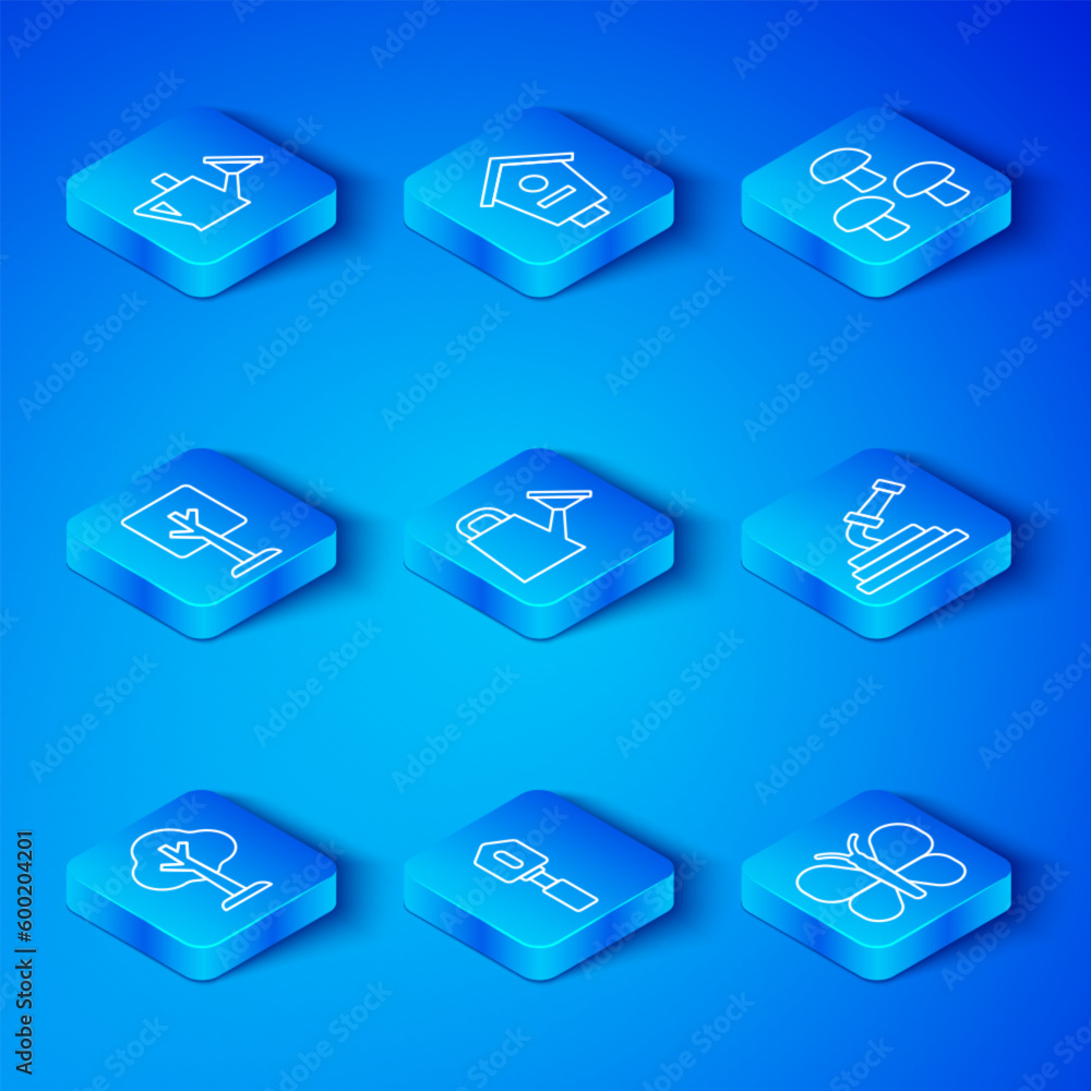 Set line Forest, Watering can, Shovel, Garden hose, Mushroom, and Butterfly icon. Vector Set line Forest, Watering can, Shovel, Garden hose, Mushroom, and Butterfly icon. Vector