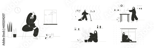 Flat vector illustration of a girl who works around the house, woman is a housewife, cleaning woman, home cleaning.