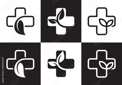 plus with leaf logo, health care symbol icon design.