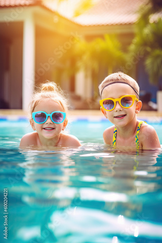 Cheerful children in googles laughing while playing in swimming pool at sunny day, refreshing at heat weather, active vacation and healthy lifestyle, happy summertime. Generative AI