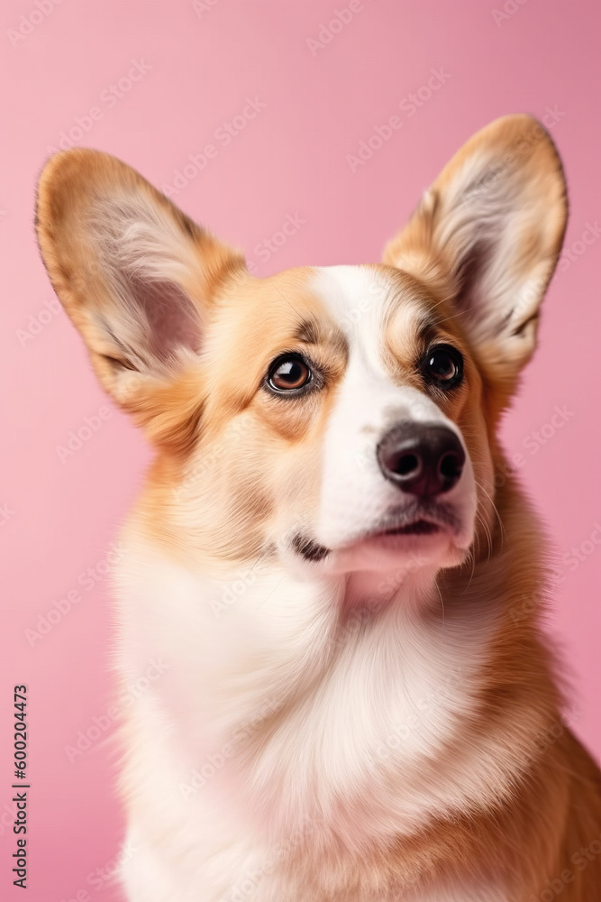 Portrait of a Corgi dog. Dog sits on a light pink background and looks at the camera. Generative AI