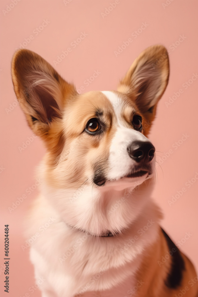 Portrait of a Corgi dog. Dog sits on a light pink background and looks at the camera. Generative AI Portrait of a Corgi dog. Dog sits on a light pink background and looks at the camera. Generative AI