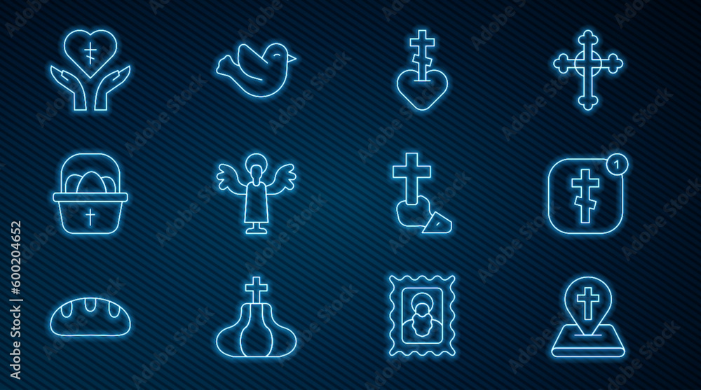 Set line Location church building, Online pastor preaching, Religious cross heart, Angel, Basket with easter eggs, Christian and Dove icon. Vector Set line Location church building, Online pastor preaching, Religious cross heart, Angel, Basket with easter eggs, Christian and Dove icon. Vector