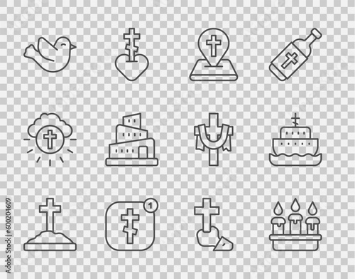 Set line Grave with cross, Burning candle in candlestick, Location church building, Online pastor preaching, Dove, Babel tower bible story, Christian and Ark of noah icon. Vector