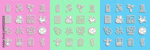 Set line Virus, Earth globe, Chemical formula, Plant breeding, Basic geometric shapes, Calculator, Battery and Graph chart infographic icon. Vector