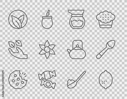 Set line Cookie or biscuit, Lemon, Teapot, Candy, leaf, Flower, Spoon with sugar and Teaspoon icon. Vector