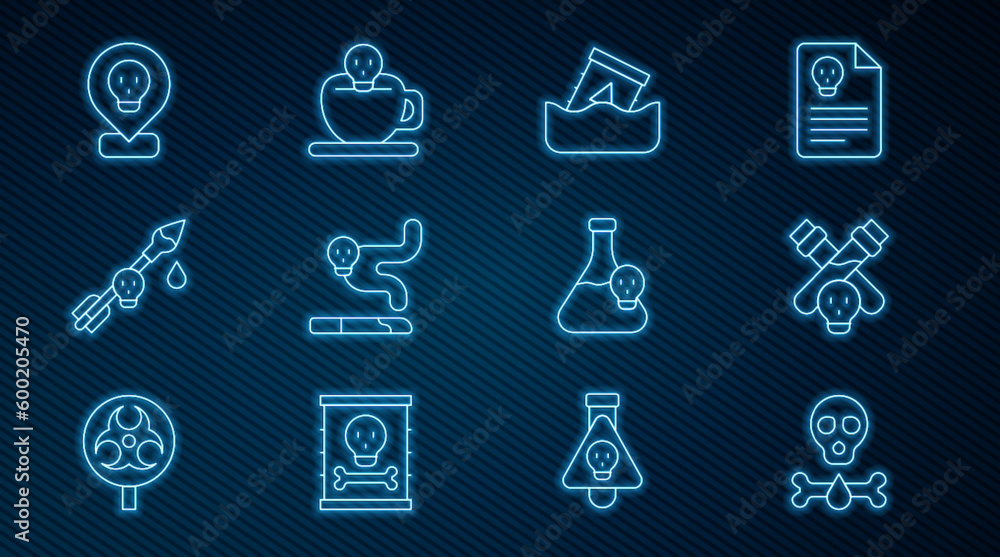 Set line Bones and skull, Bottle with potion, Radioactive waste in barrel, Cigarette, Poison the arrow, location, Beaker toxic liquid and Coffee cup icon. Vector