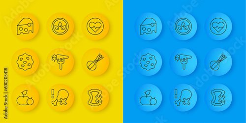 Set line Apple, Cookie or biscuit, Carrot, No leather, Onion, Cheese, Heart rate and Vegan food diet icon. Vector